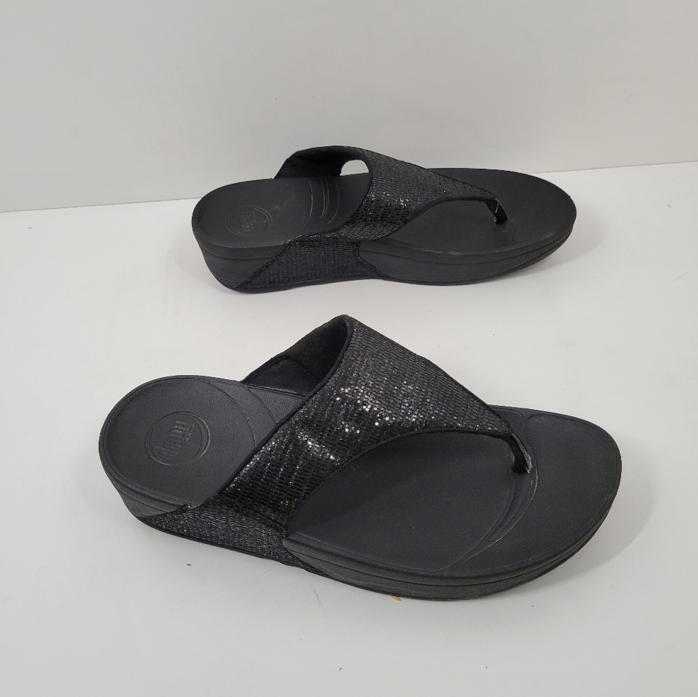 FitFlop Black Glitter T-Strap Wedge Flip Flop Sandals Women Size 8 EUR 39
